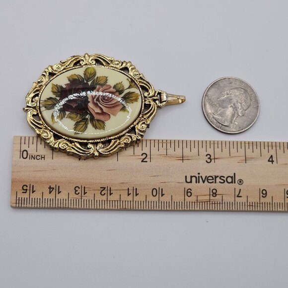 VTG Necklace Pendant Floral Cameo Mirror Backed Gold Tone Frame Antique Revival - Picture 10 of 10